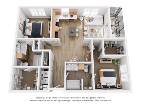 Floor plan for 2 beds, 2 baths, 1091 sqft